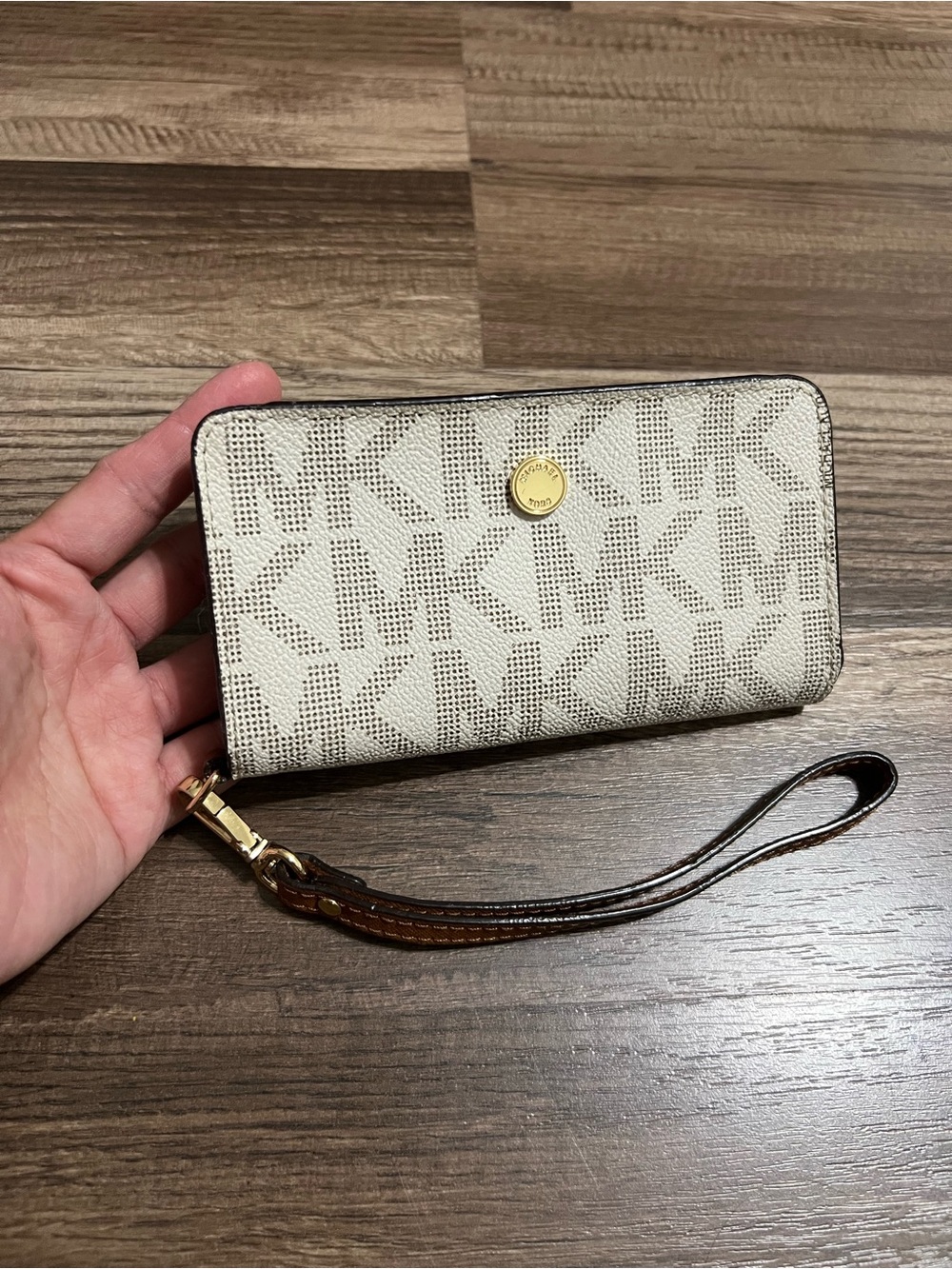 Michael Kors Cream and Brown MK Monogram Zip Wristlet Wallet